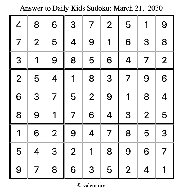 Answer to kids sudoku March 21, 2030