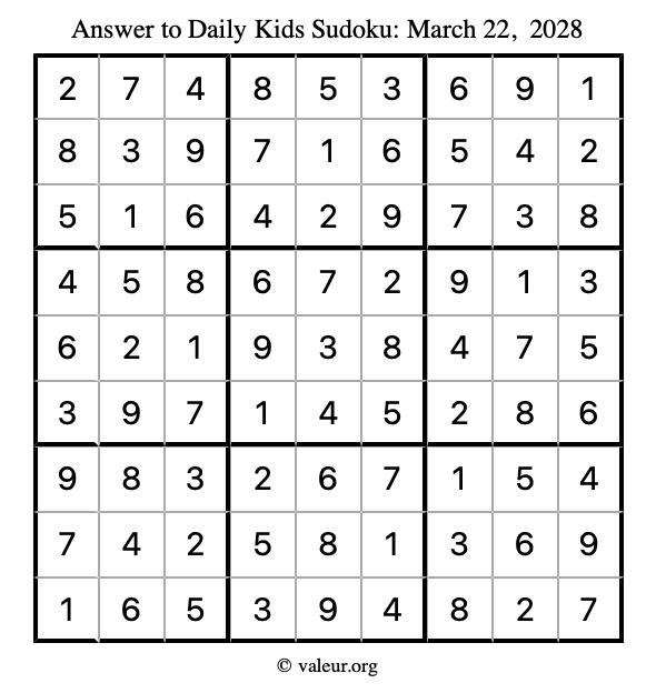 Answer to kids sudoku March 22, 2028