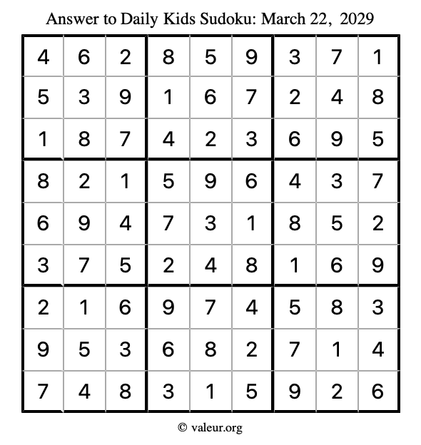 Answer to kids sudoku March 22, 2029