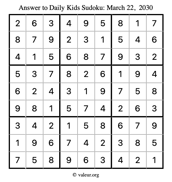 Answer to kids sudoku March 22, 2030