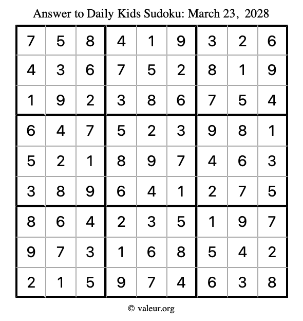 Answer to kids sudoku March 23, 2028