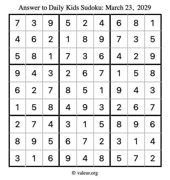 Answer to kids sudoku March 23, 2029