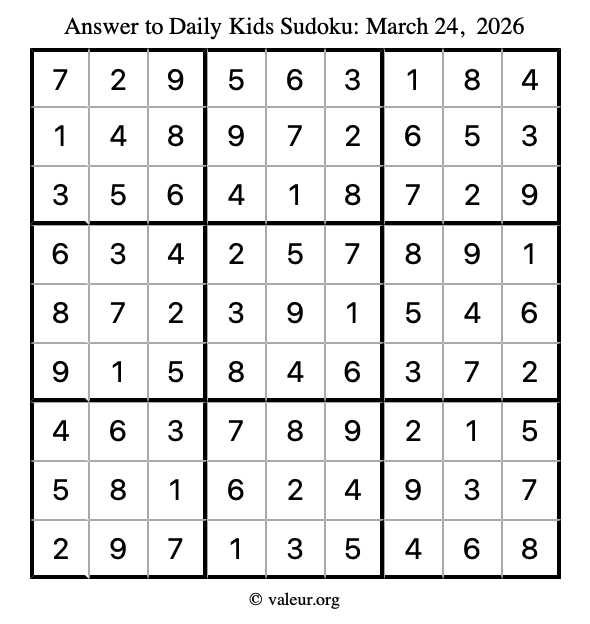Answer to kids sudoku March 24, 2026