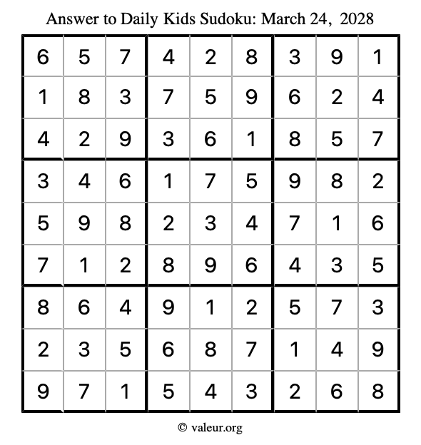 Answer to kids sudoku March 24, 2028