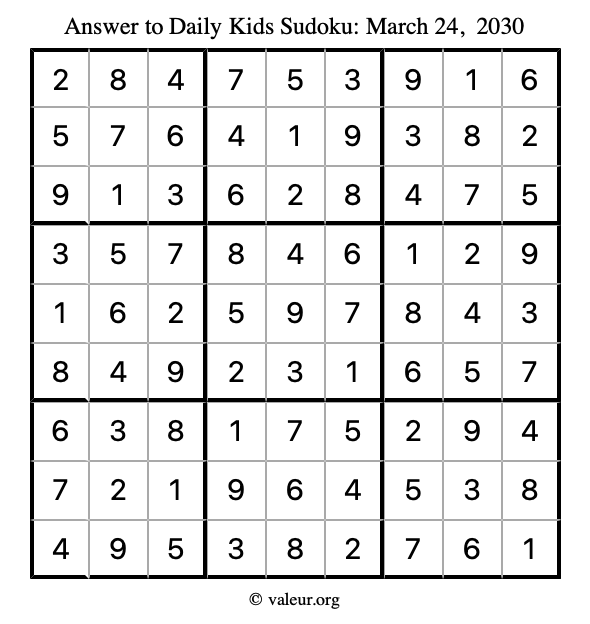 Answer to kids sudoku March 24, 2030