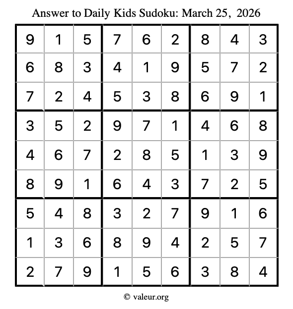Answer to kids sudoku March 25, 2026