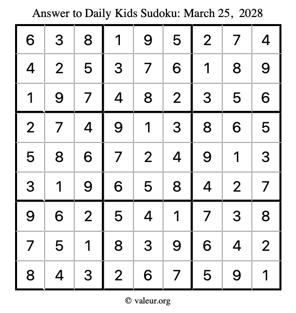Answer to kids sudoku March 25, 2028
