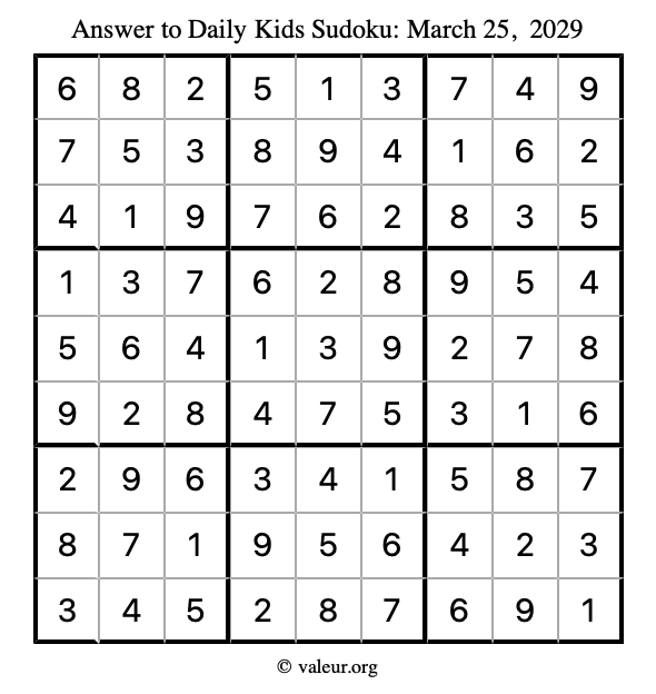 Answer to kids sudoku March 25, 2029
