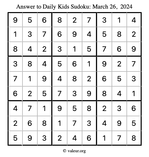 Answer to kids sudoku March 26, 2024