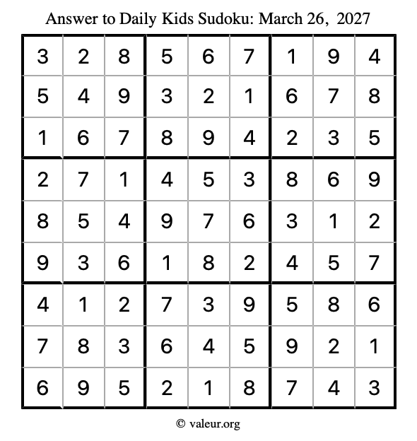 Answer to kids sudoku March 26, 2027