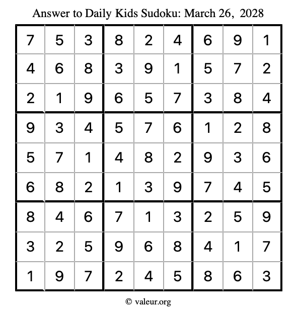 Answer to kids sudoku March 26, 2028