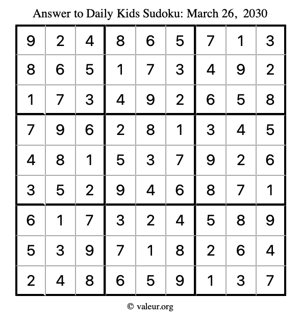 Answer to kids sudoku March 26, 2030