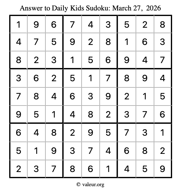 Answer to kids sudoku March 27, 2026