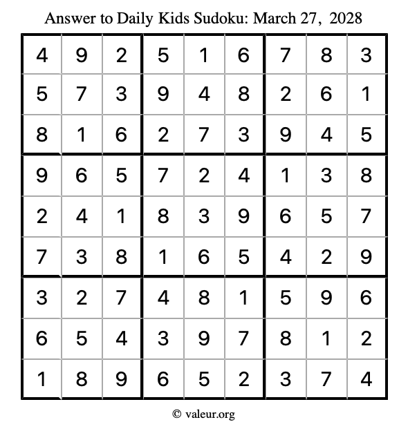 Answer to kids sudoku March 27, 2028