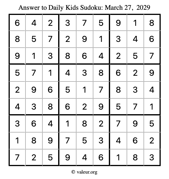 Answer to kids sudoku March 27, 2029