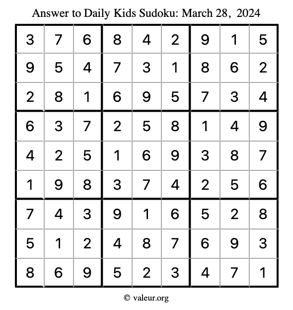 Answer to kids sudoku March 28, 2024