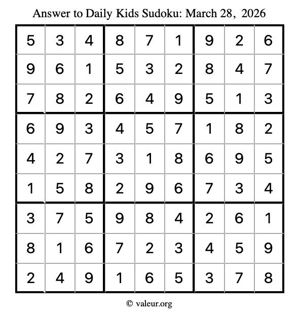 Answer to kids sudoku March 28, 2026