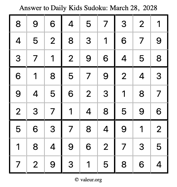 Answer to kids sudoku March 28, 2028