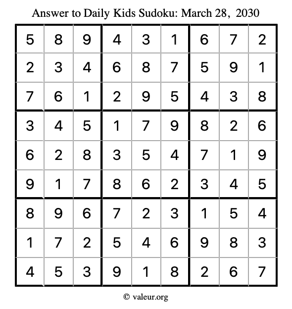Answer to kids sudoku March 28, 2030