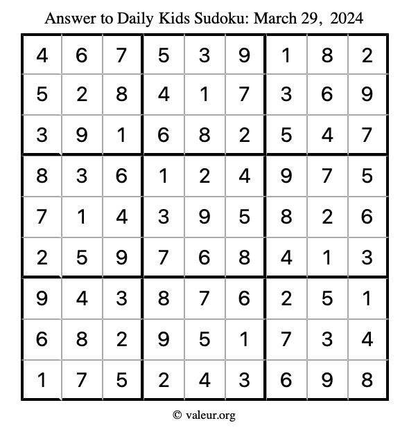 Answer to kids sudoku March 29, 2024