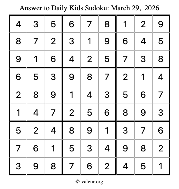 Answer to kids sudoku March 29, 2026
