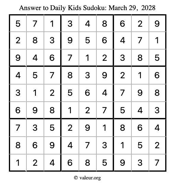 Answer to kids sudoku March 29, 2028