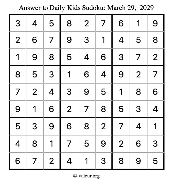Answer to kids sudoku March 29, 2029