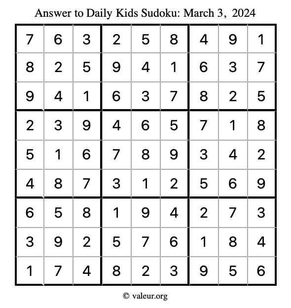 Answer to kids sudoku March 3, 2024