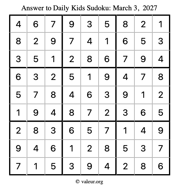Answer to kids sudoku March 3, 2027