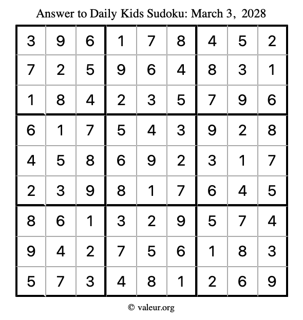 Answer to kids sudoku March 3, 2028