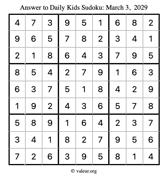 Answer to kids sudoku March 3, 2029