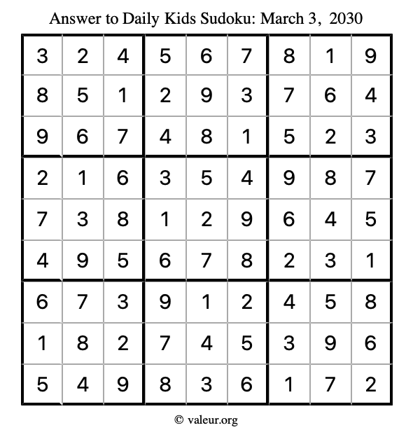 Answer to kids sudoku March 3, 2030