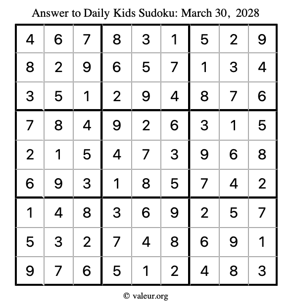 Answer to kids sudoku March 30, 2028