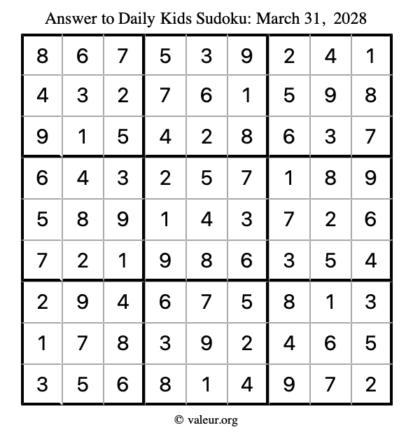 Answer to kids sudoku March 31, 2028