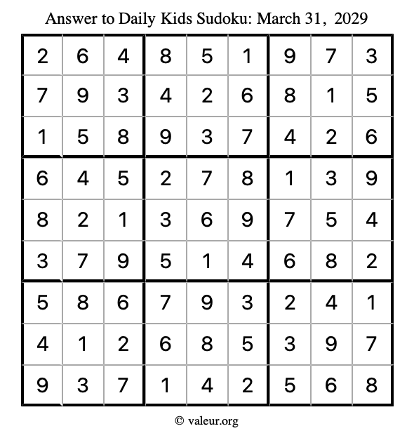 Answer to kids sudoku March 31, 2029