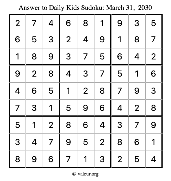 Answer to kids sudoku March 31, 2030