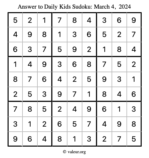 Answer to kids sudoku March 4, 2024