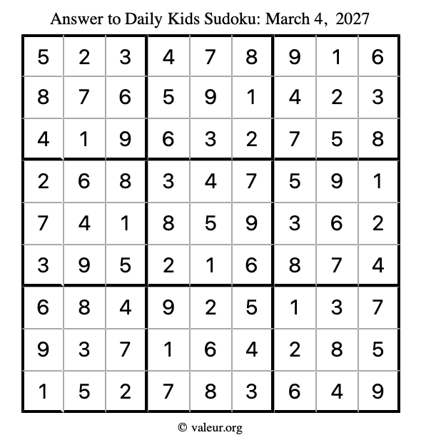 Answer to kids sudoku March 4, 2027