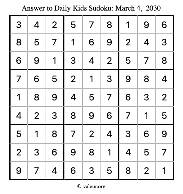 Answer to kids sudoku March 4, 2030