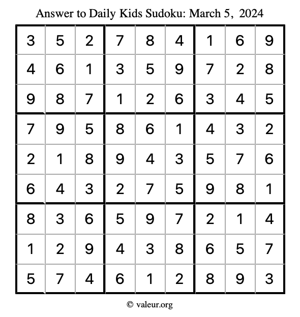 Answer to kids sudoku March 5, 2024