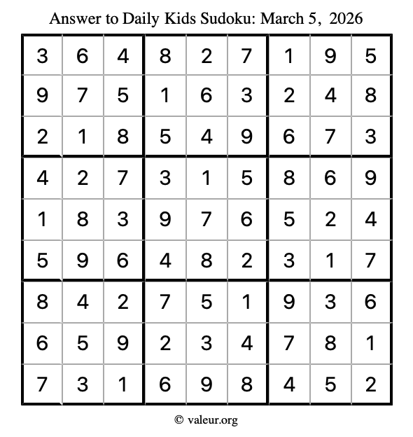 Answer to kids sudoku March 5, 2026