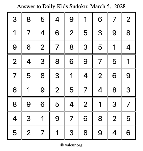 Answer to kids sudoku March 5, 2028