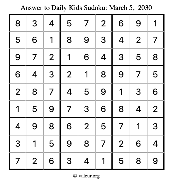 Answer to kids sudoku March 5, 2030