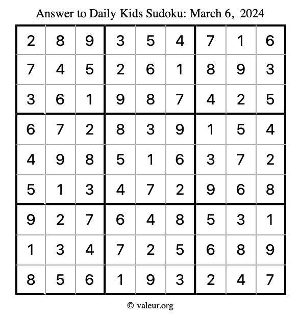Answer to kids sudoku March 6, 2024