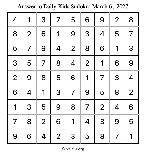 Answer to kids sudoku March 6, 2027