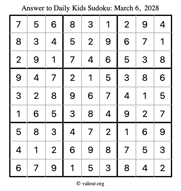 Answer to kids sudoku March 6, 2028