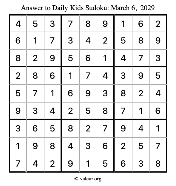 Answer to kids sudoku March 6, 2029