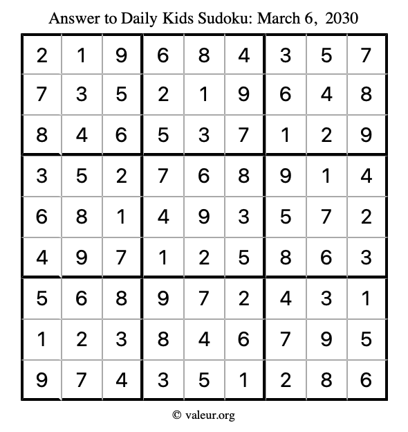 Answer to kids sudoku March 6, 2030