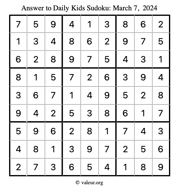 Answer to kids sudoku March 7, 2024