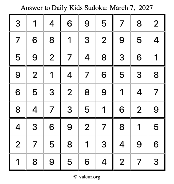 Answer to kids sudoku March 7, 2027